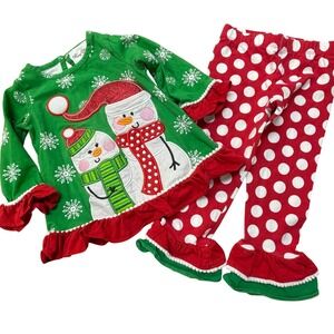 Rare Editions Kids Girls Green Snowman Ruffle Christmas Holiday Outfit 3T